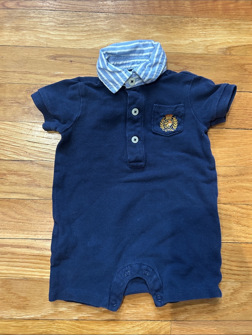 Ralph Lauren Navy Polo Romper with Blue-White Striped Collar